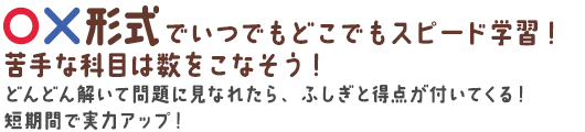 ◯×形式でいつでもどこでもスピード学習！苦手な科目は数をこなそう！どんどん解いて問題に見なれたら、ふしぎと得点が付いてくる！短期間で実力アップ！